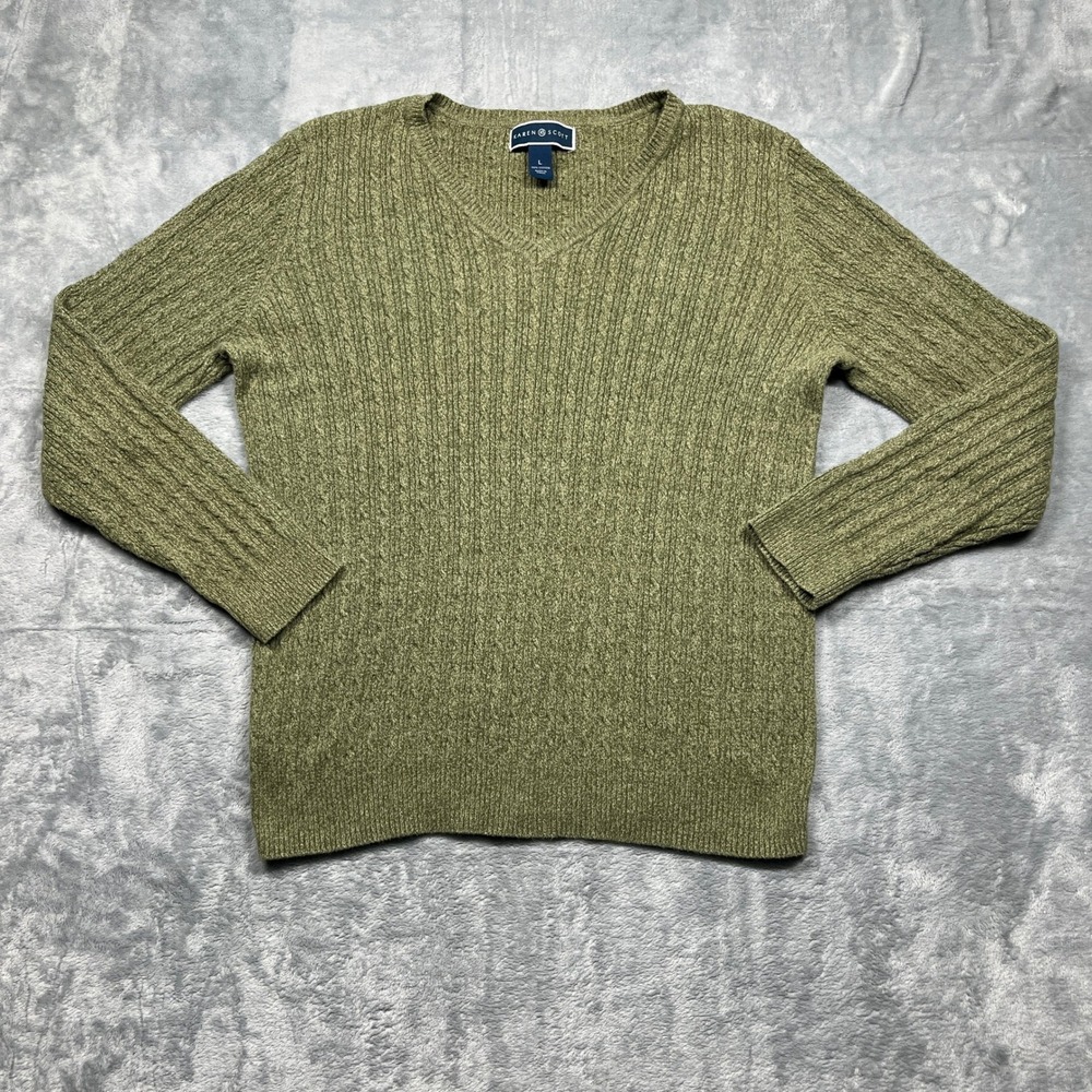 Karen Scott Sweater Women Green V-Neck Cable Knit Cotton Long Sleeve Large
